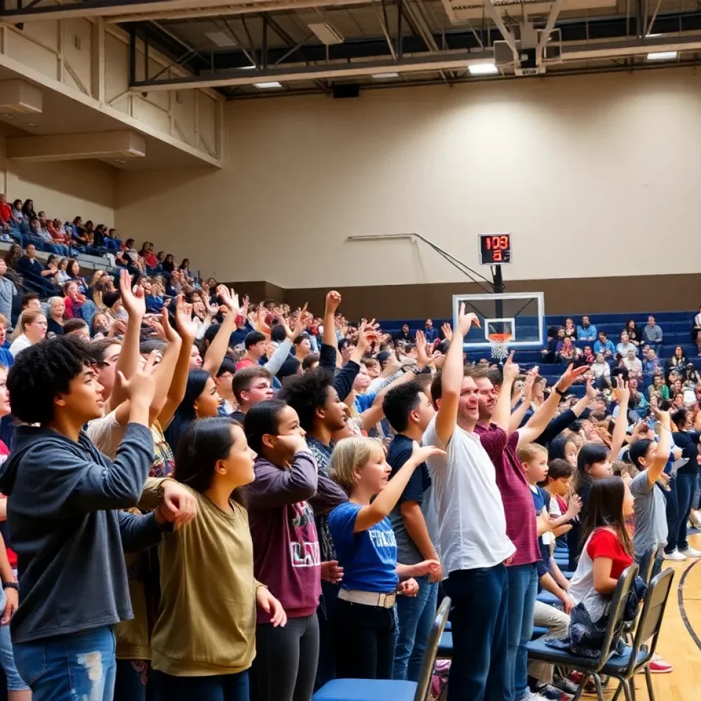 Moriah High School gym filled with students supporting unified basketball team