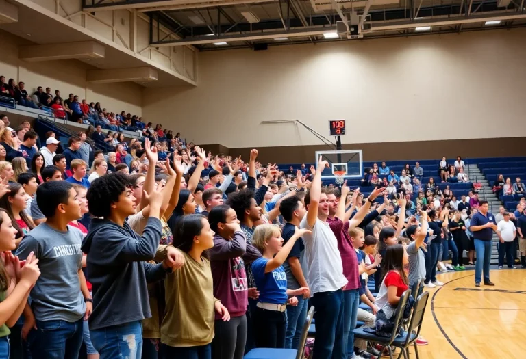 Moriah High School gym filled with students supporting unified basketball team