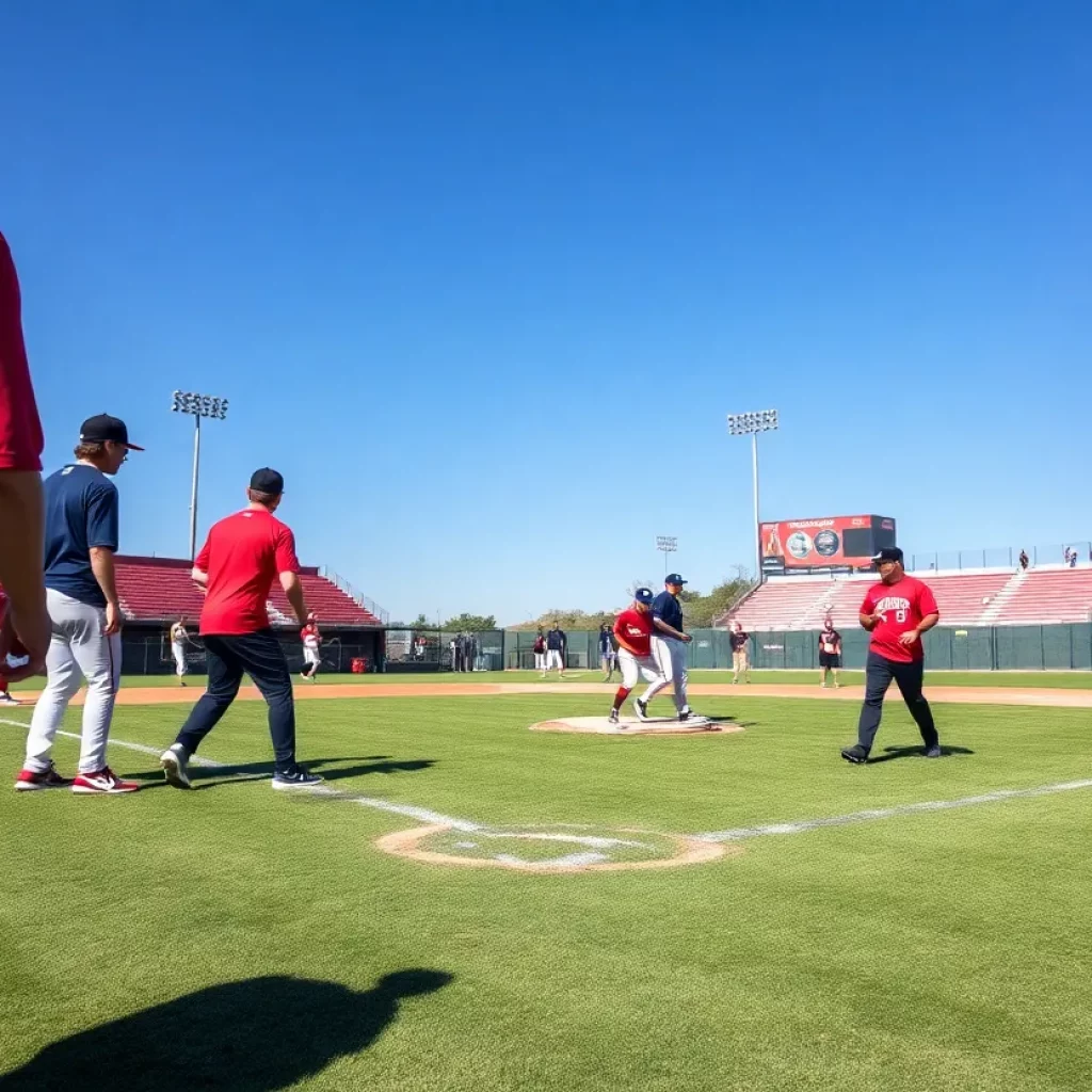 Morris Area baseball players on the field practicing.
