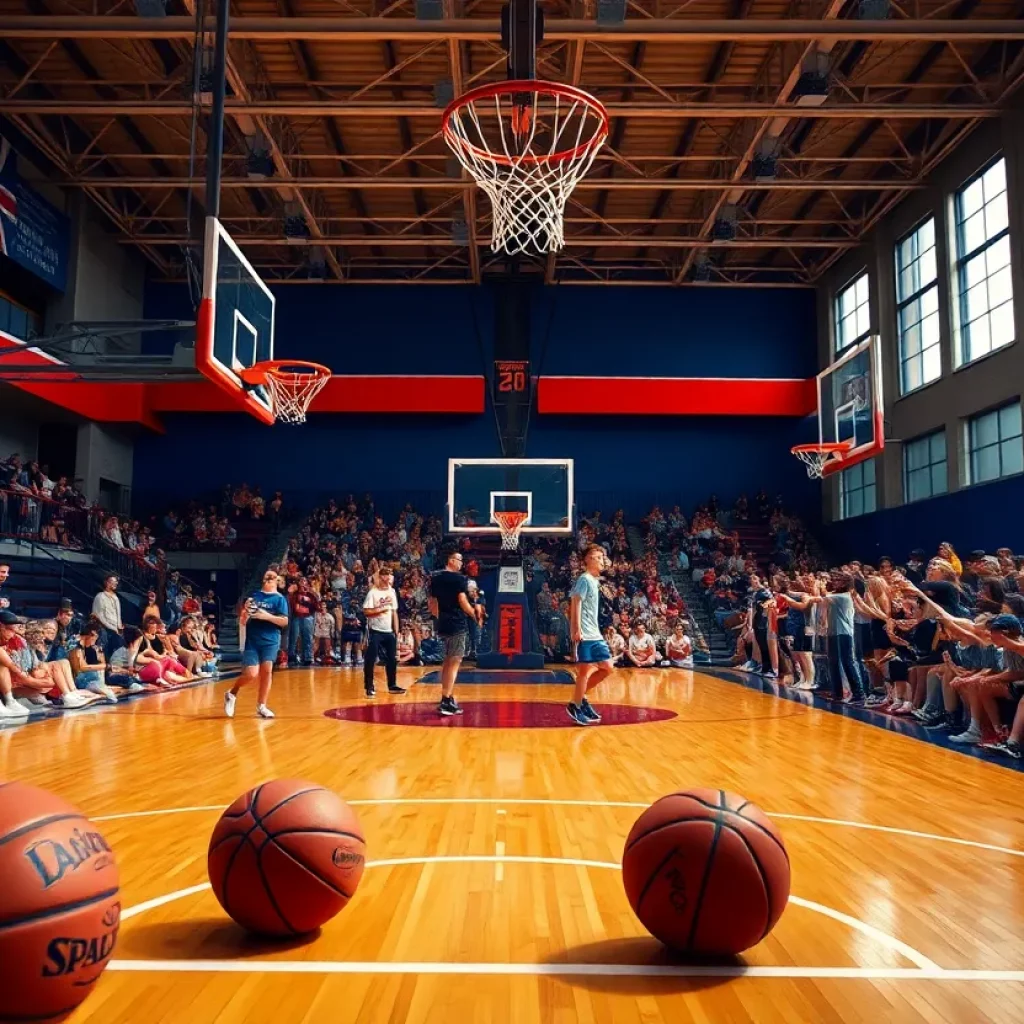 Exciting atmosphere in a high school basketball game with fans cheering.