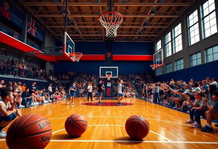 Exciting atmosphere in a high school basketball game with fans cheering.