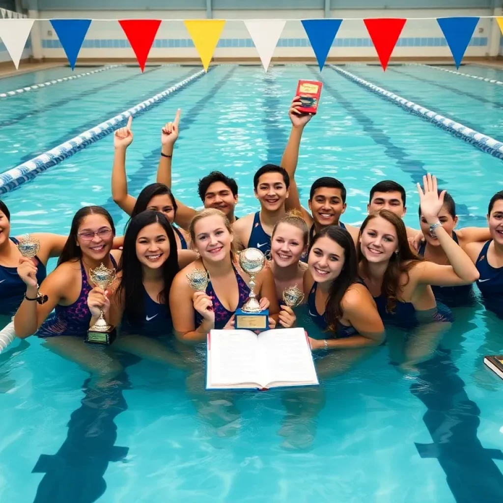 Swimmers celebrating academic and athletic achievements