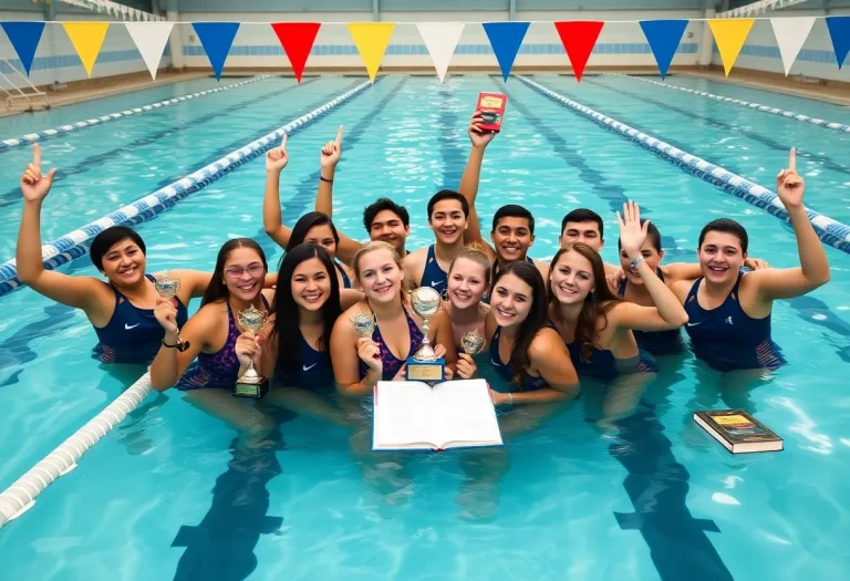Swimmers celebrating academic and athletic achievements