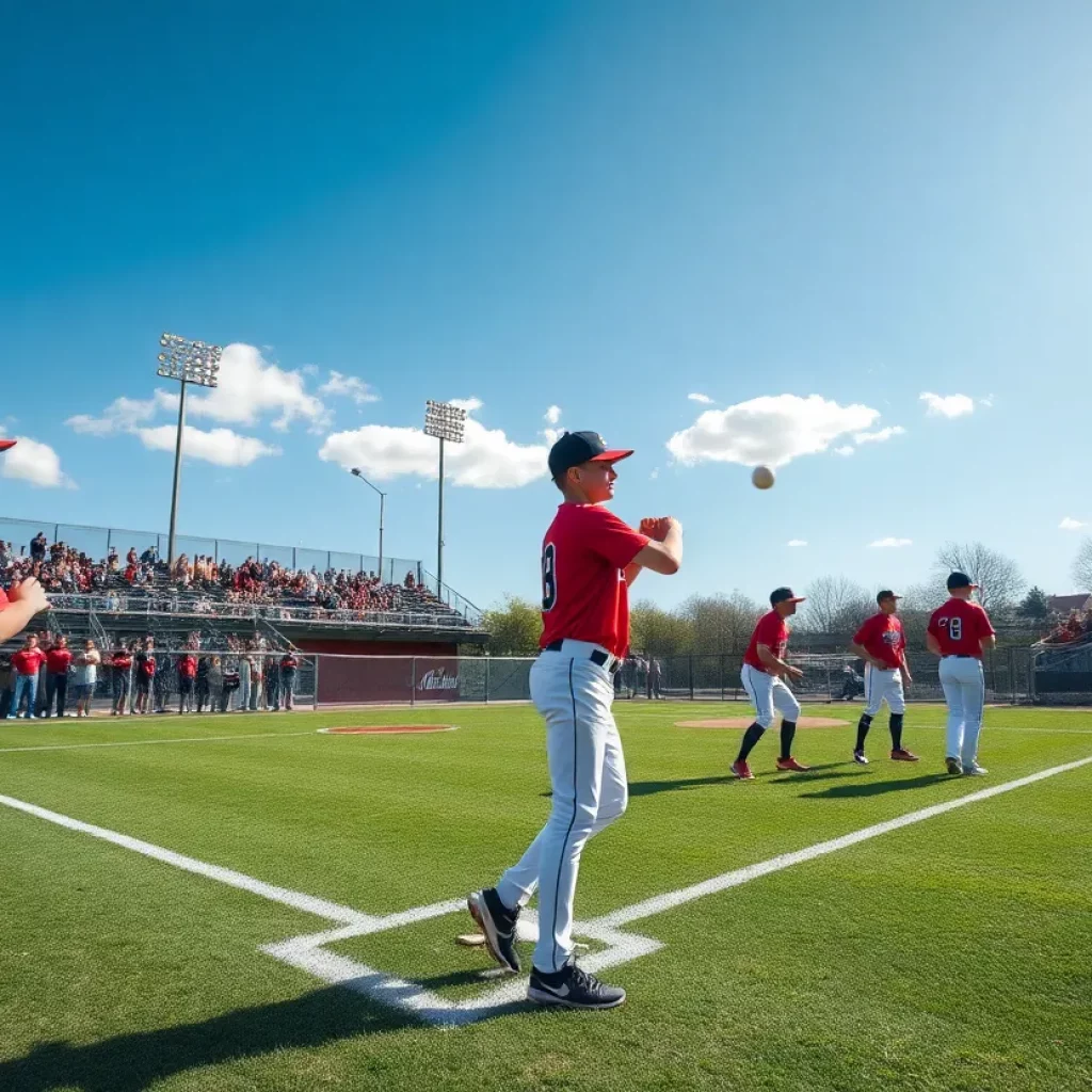 High school baseball players practicing on the field