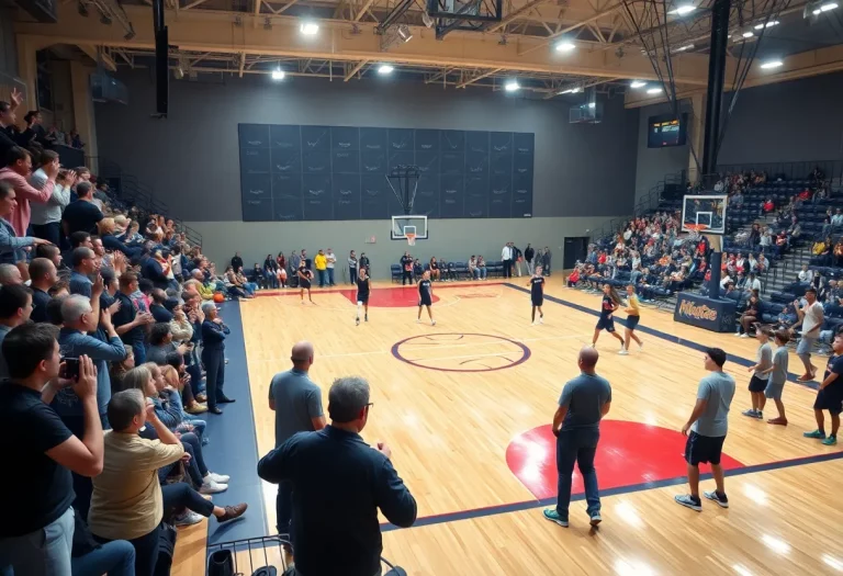 Basketball court with players and coaches preparing for the season