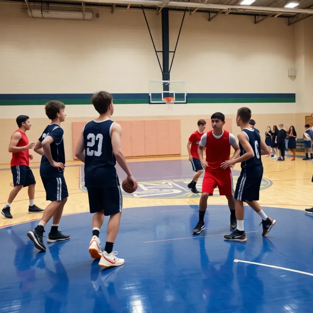 Students practicing basketball at Myers Park High School