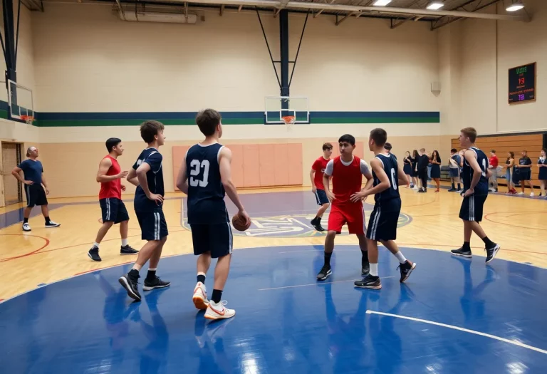 Students practicing basketball at Myers Park High School