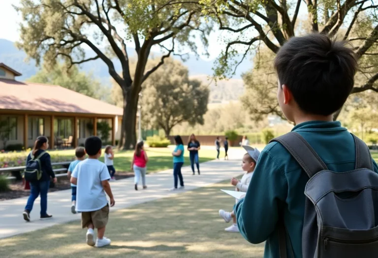 School campus with students engaged in outdoor activities