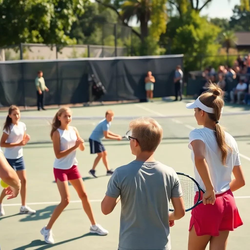 High school tennis players competing on a sunny court