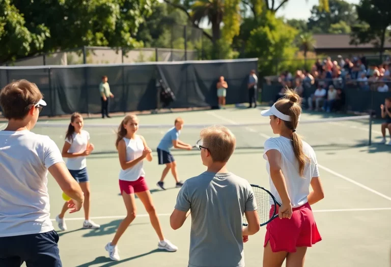 High school tennis players competing on a sunny court