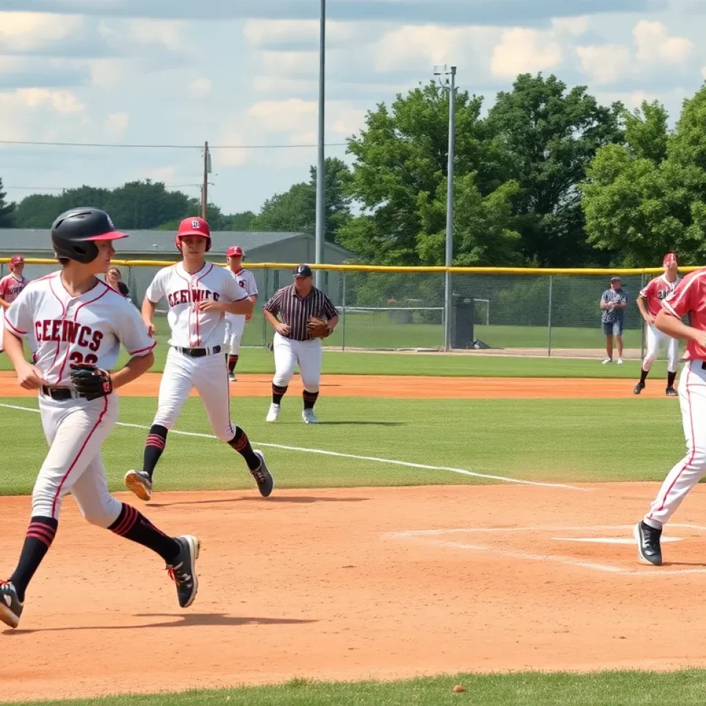 High school baseball players in action on the field