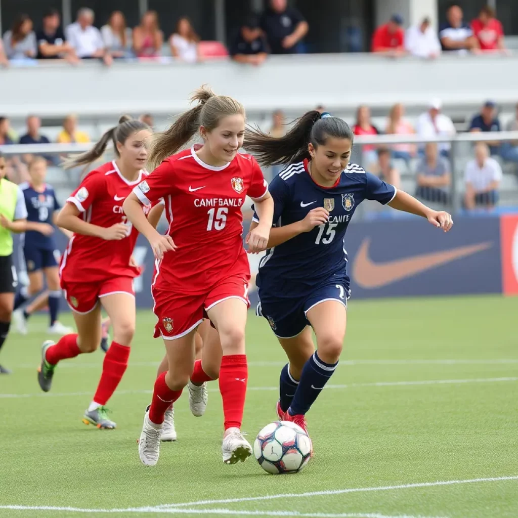 High school girls soccer players competing in a tournament match
