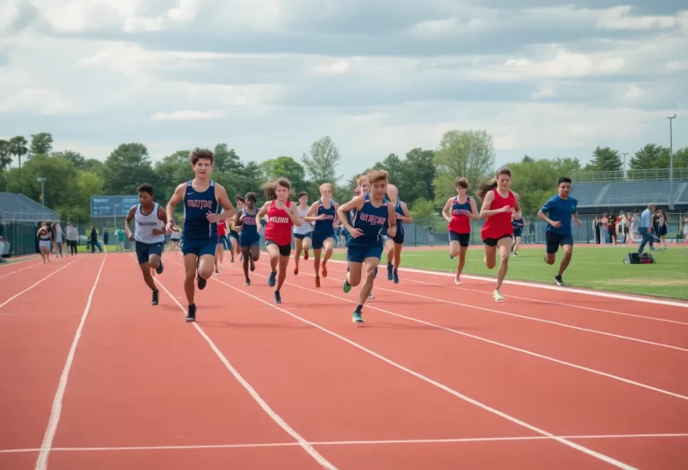 Athletes competing in various events at the Nebraska High School State Track Meet.