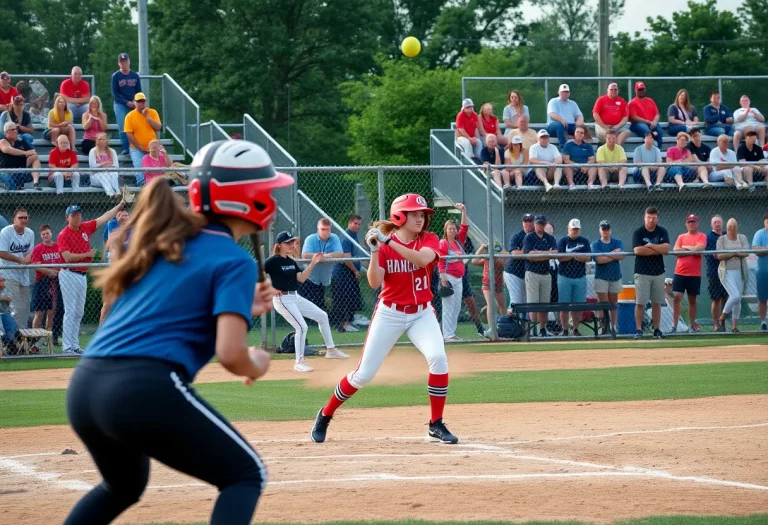 High school softball players in action during a game in New Jersey.