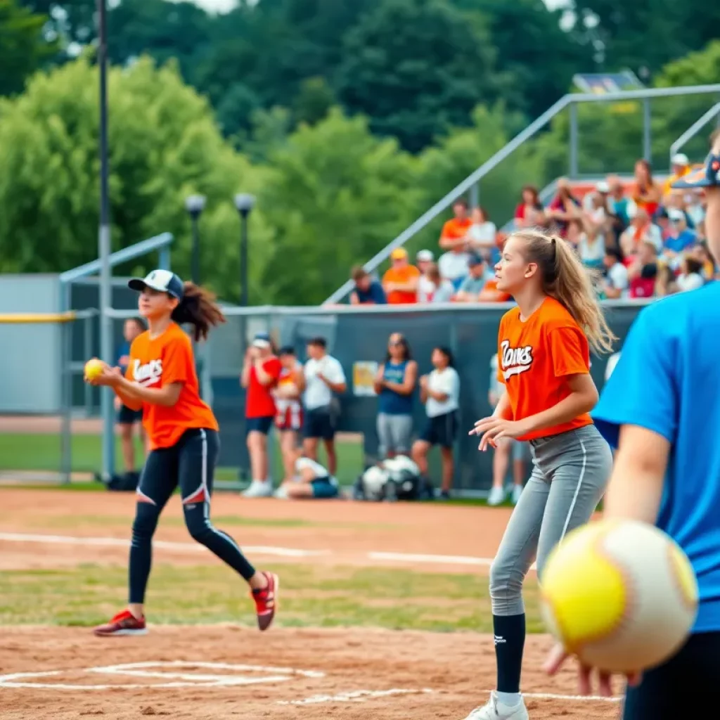 Young athletes playing softball on a high school field in New Mexico