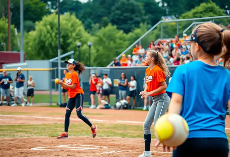 Young athletes playing softball on a high school field in New Mexico