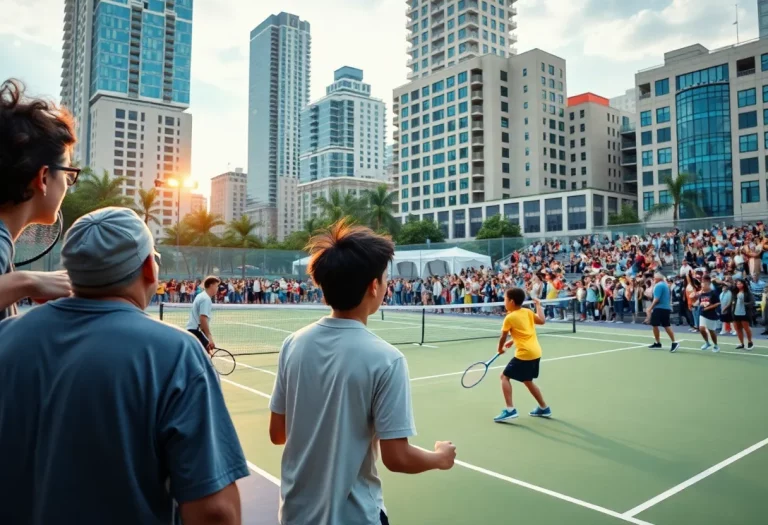 Youth tennis players preparing for a match amidst basketball excitement