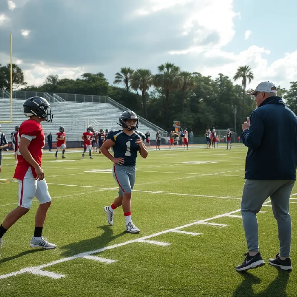 Young athletes practicing on a football field for Newbury Park High School