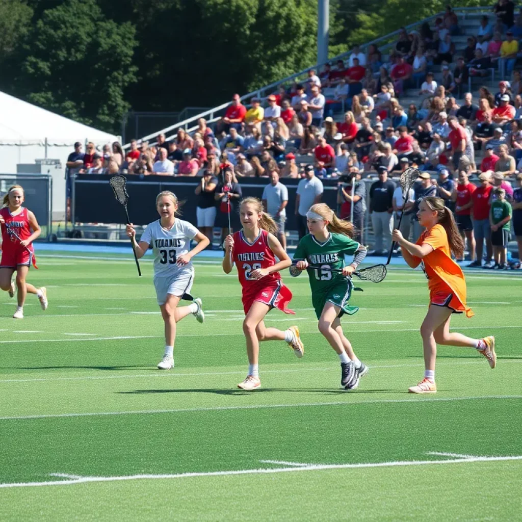 Dynamic action on a lacrosse field featuring young athletes