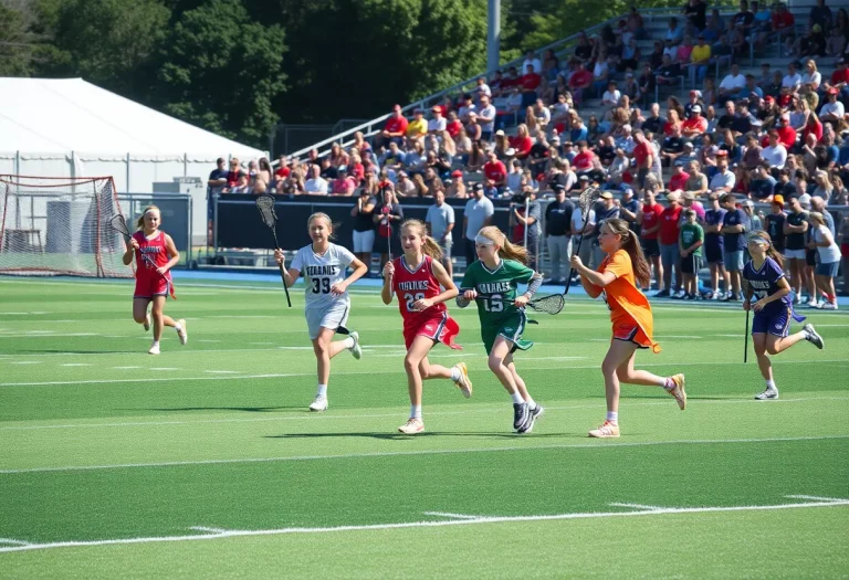 Dynamic action on a lacrosse field featuring young athletes