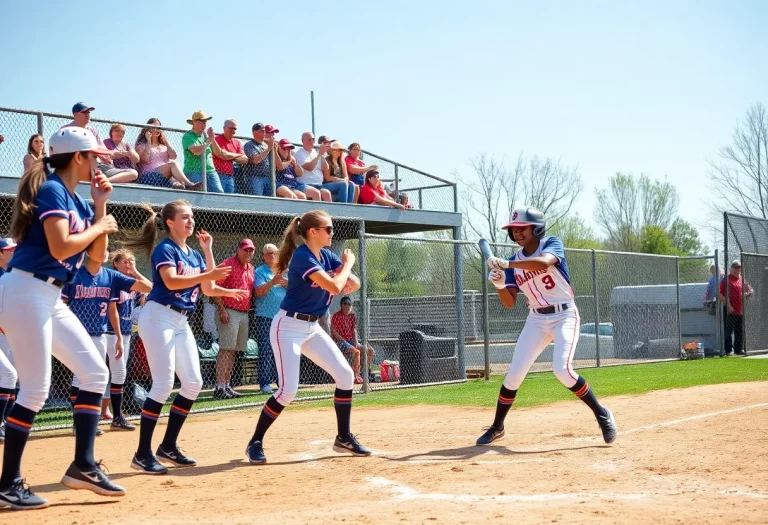 High school softball players in action with fans cheering