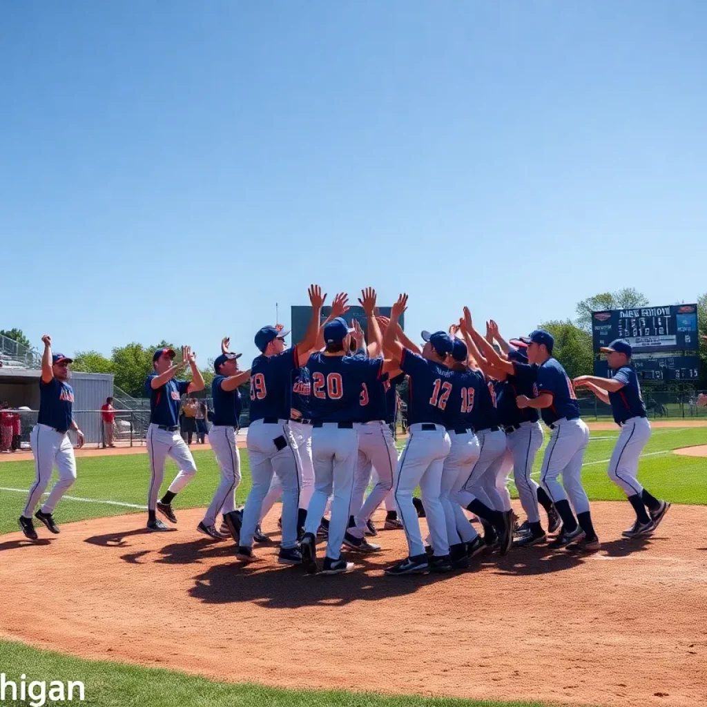 North Muskegon baseball team celebrating on the field