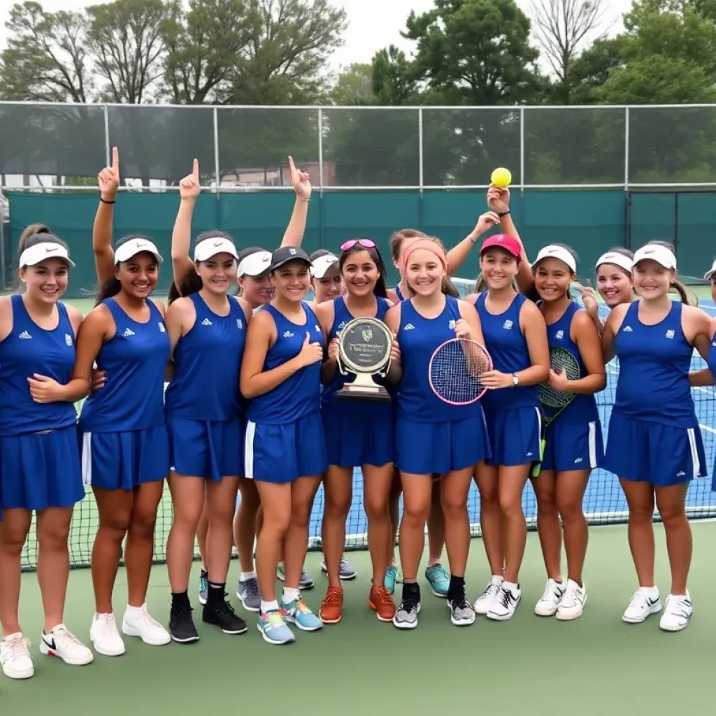 Oak Glen girls tennis team celebrating their championship win.