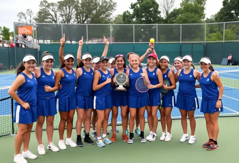 Oak Glen girls tennis team celebrating their championship win.