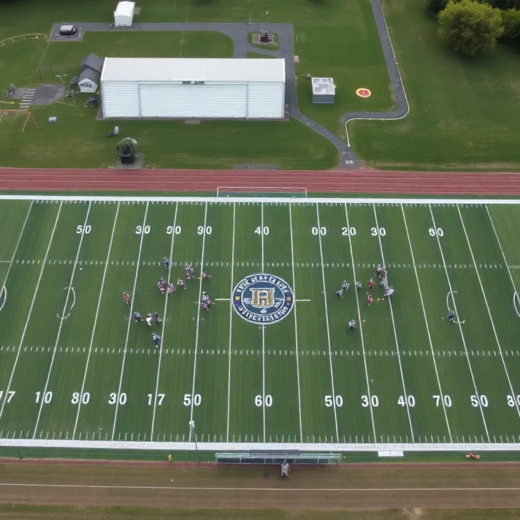 High school football field in Ohio during practice session