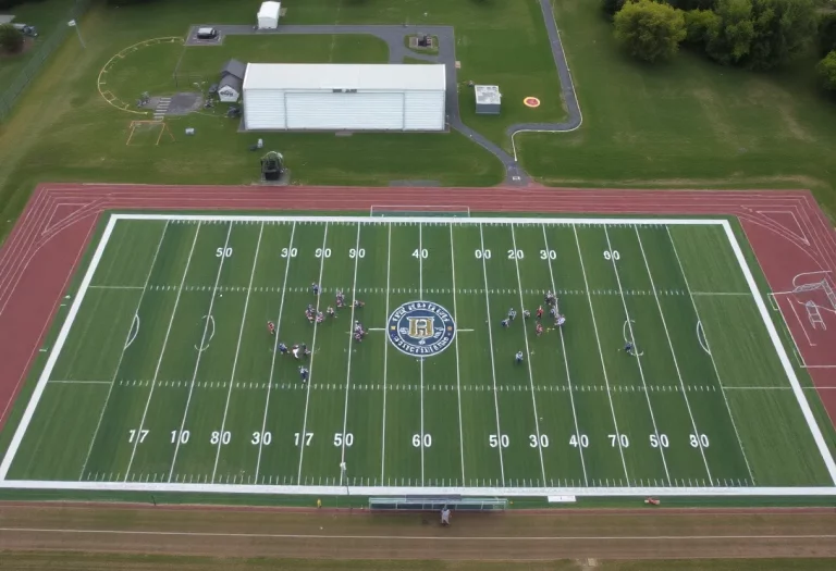 High school football field in Ohio during practice session