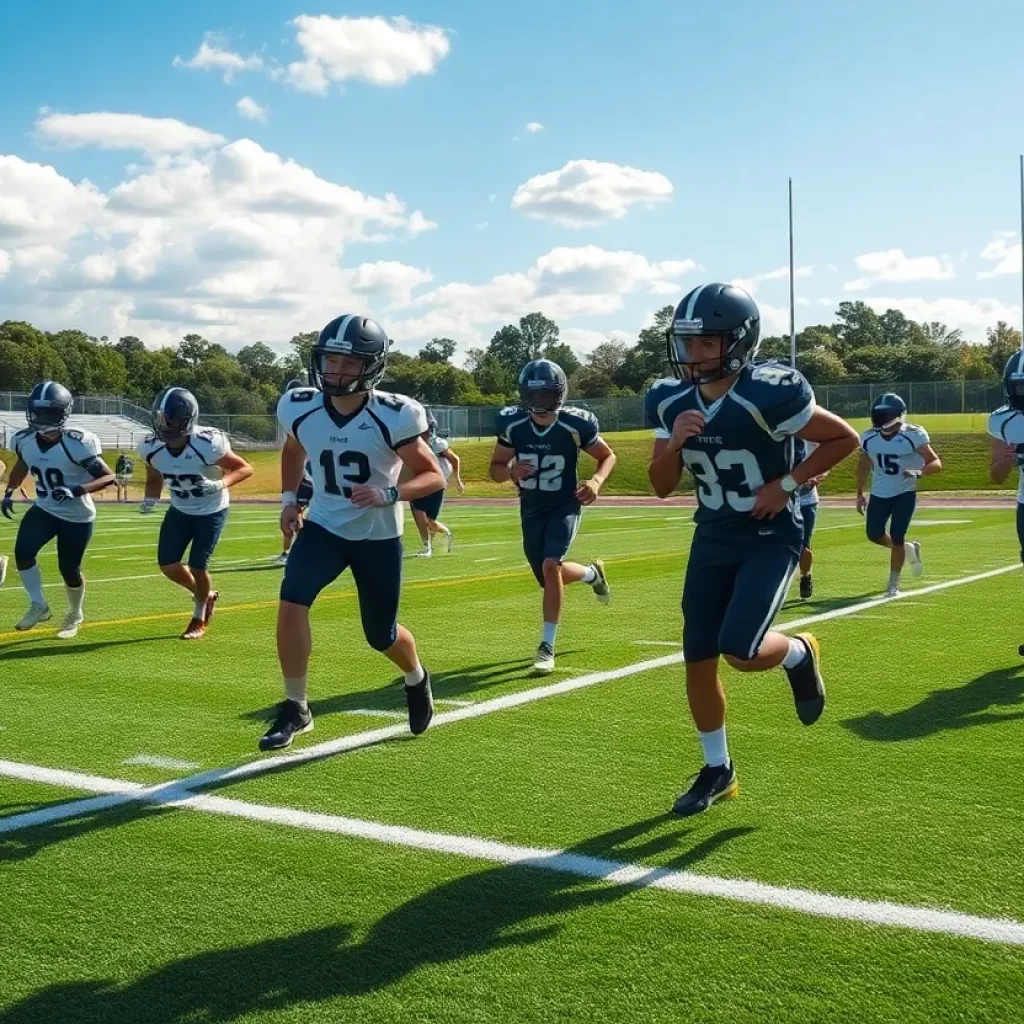 High school football players practicing on the field