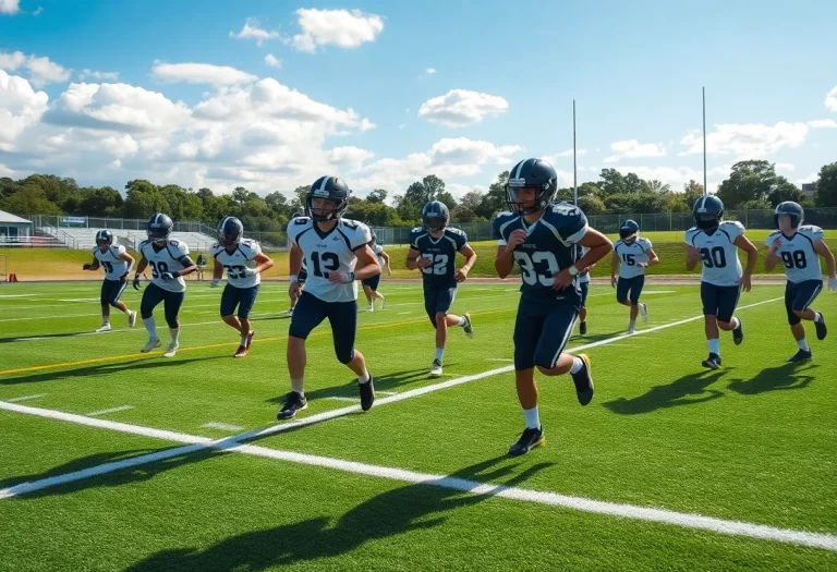 High school football players practicing on the field