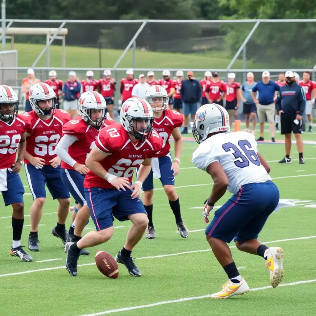 High school football athletes showcasing skills at a recruiting event.