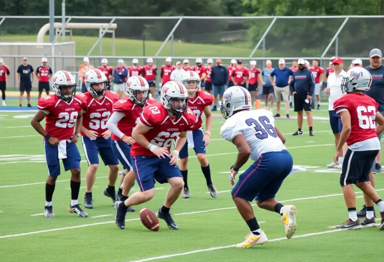 High school football athletes showcasing skills at a recruiting event.