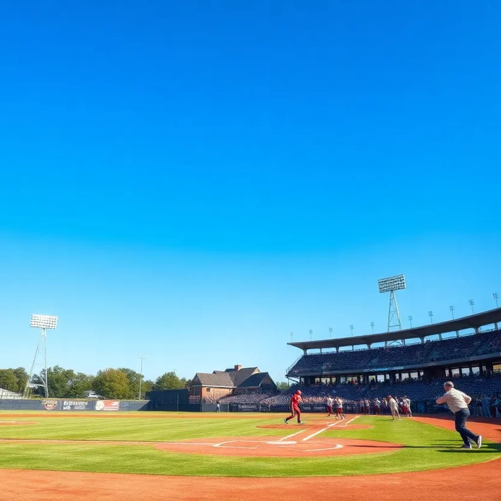 Players practicing baseball on a field in Oklahoma with fans in the background.