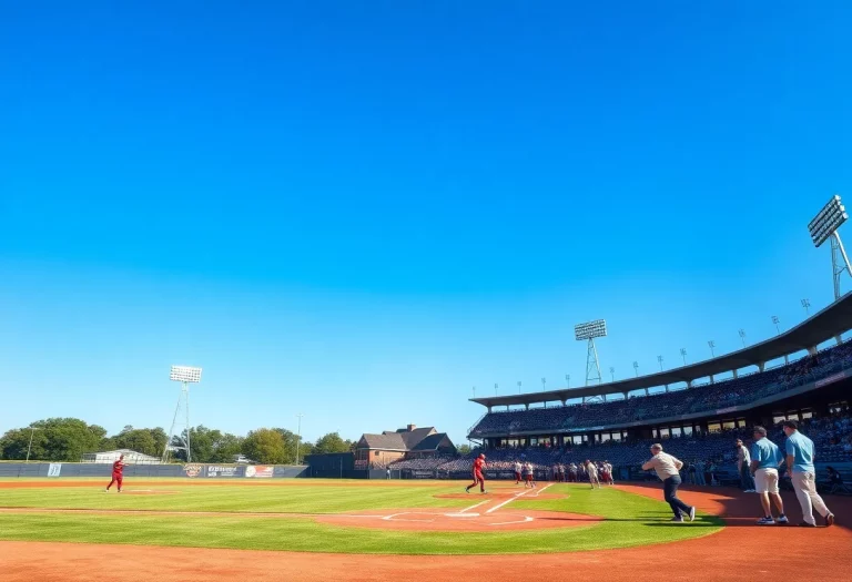 Players practicing baseball on a field in Oklahoma with fans in the background.
