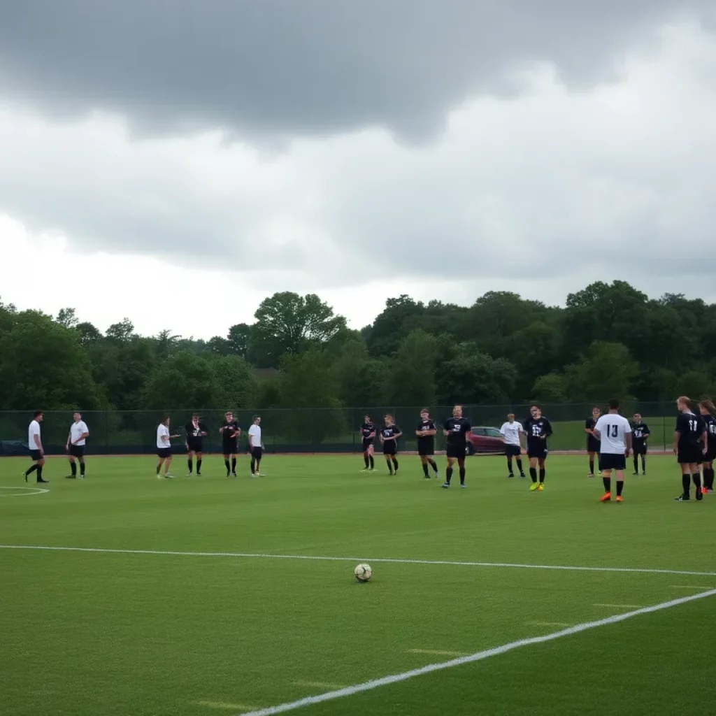 High school soccer teams warming up on a field with dark clouds overhead, indicating a weather delay.