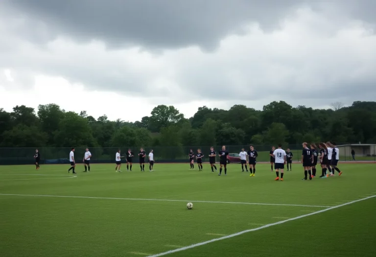 High school soccer teams warming up on a field with dark clouds overhead, indicating a weather delay.