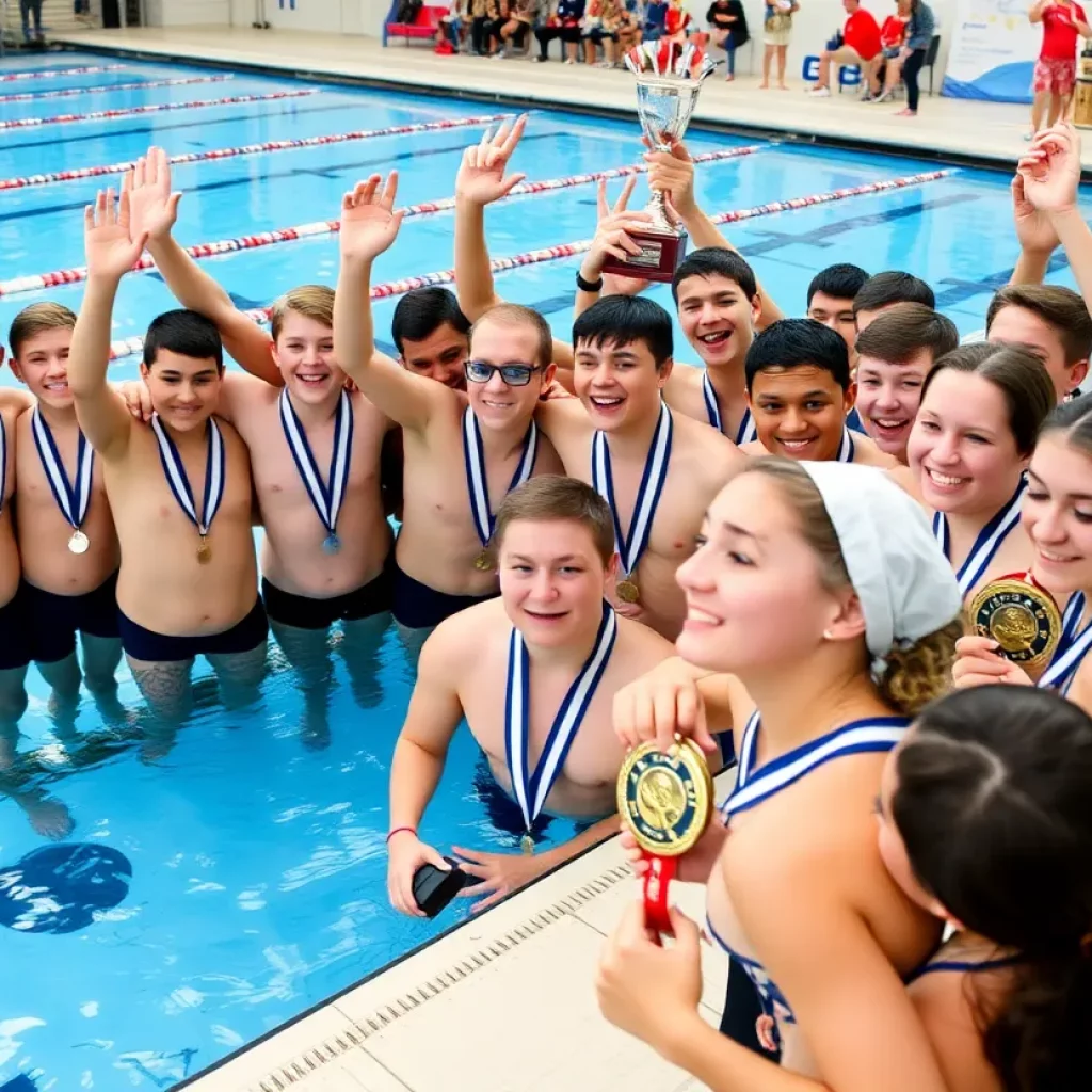Palo Alto High School swim team celebrating their state championship achievements.