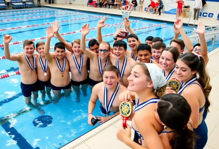 Palo Alto High School swim team celebrating their state championship achievements.