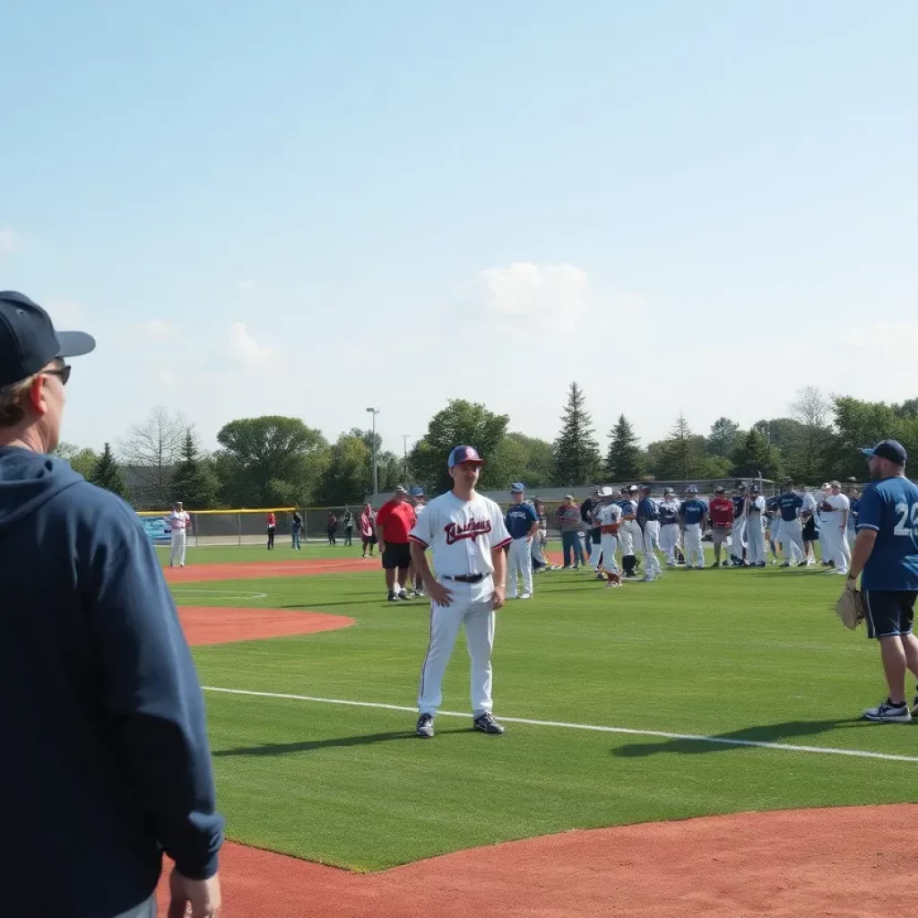 High school baseball field with players practicing sportsmanship