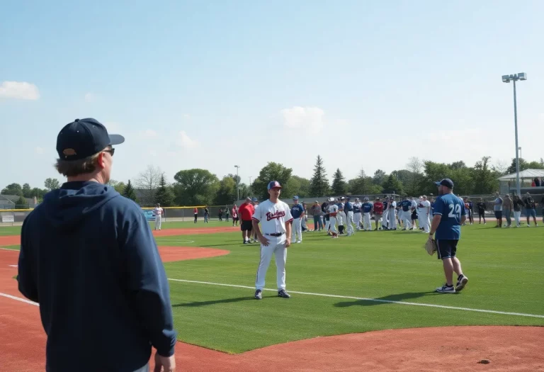 High school baseball field with players practicing sportsmanship