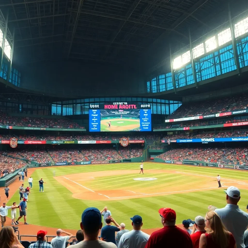 A baseball stadium with fans showing support for a young athlete's recovery.