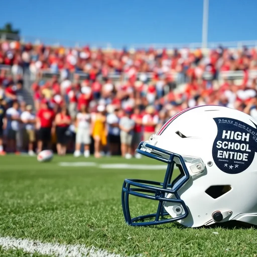 High school football field with a team helmet and football