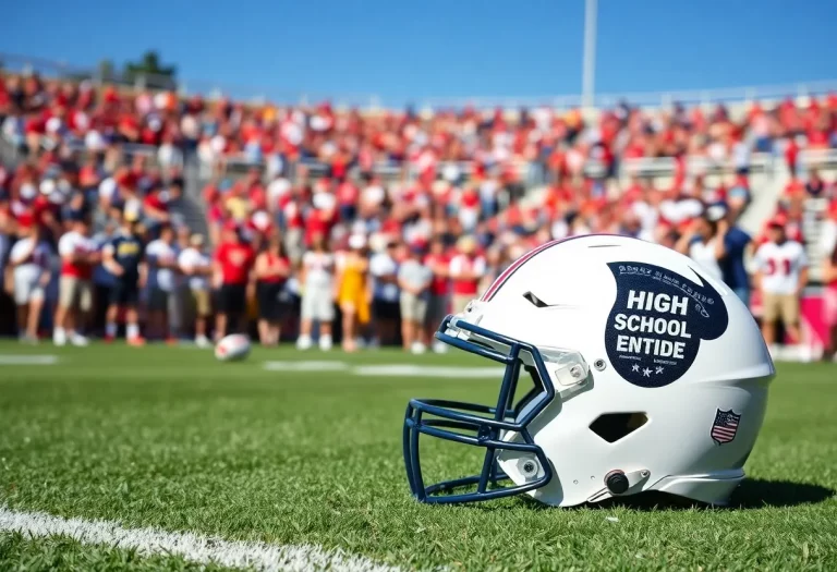 High school football field with a team helmet and football