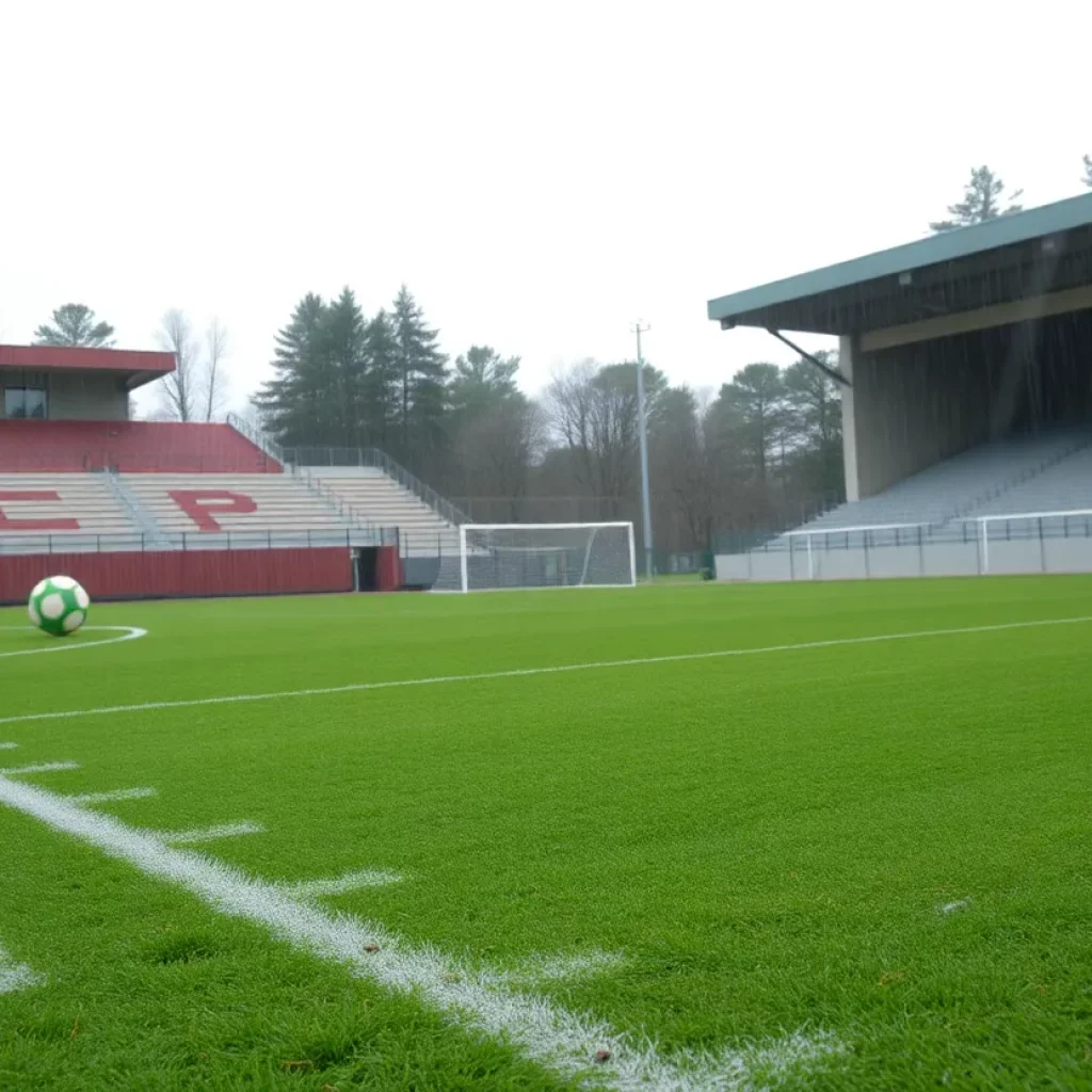 Empty soccer field under rain with wet grass and goal posts