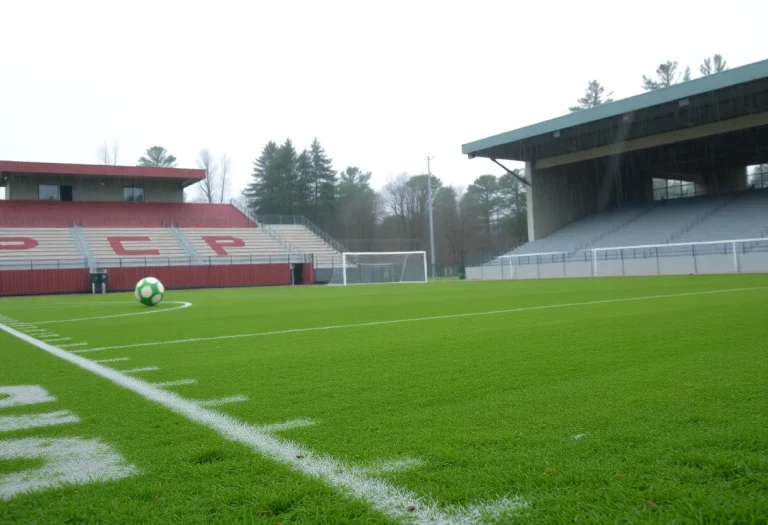 Empty soccer field under rain with wet grass and goal posts