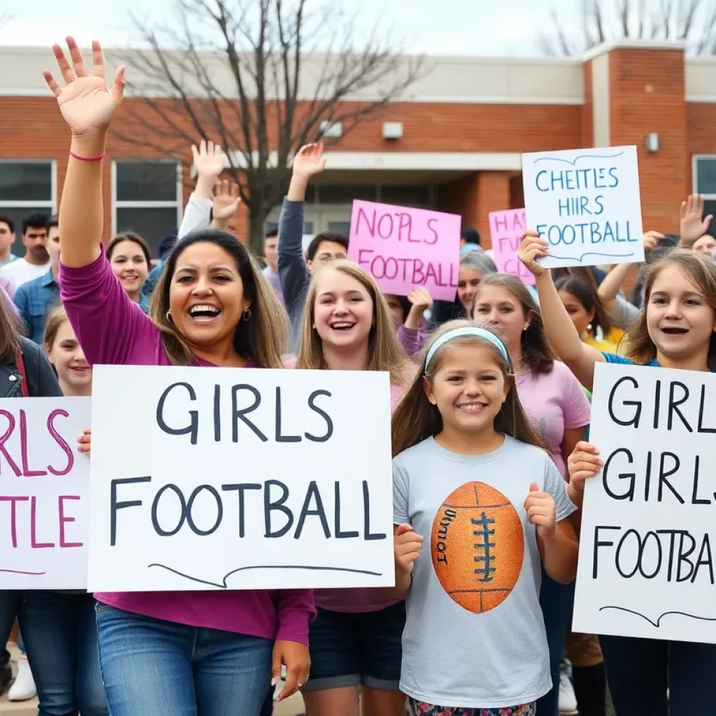 Parents and students rally for girls flag football team at Redwood High School.