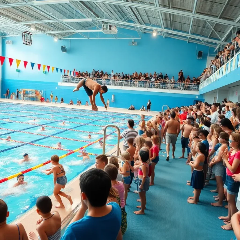 Swimmers competing at the Reno swim meet in an aquatic center