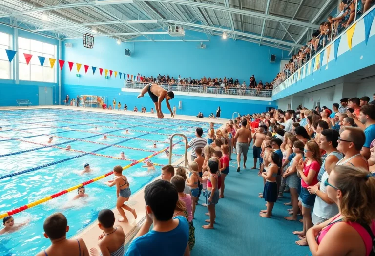 Swimmers competing at the Reno swim meet in an aquatic center